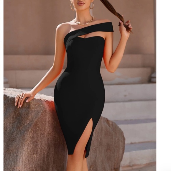 One Shoulder Asymmetrical Top Midi Bodycon Little Black Dress - XS - Size 2 - Picture 1 of 5